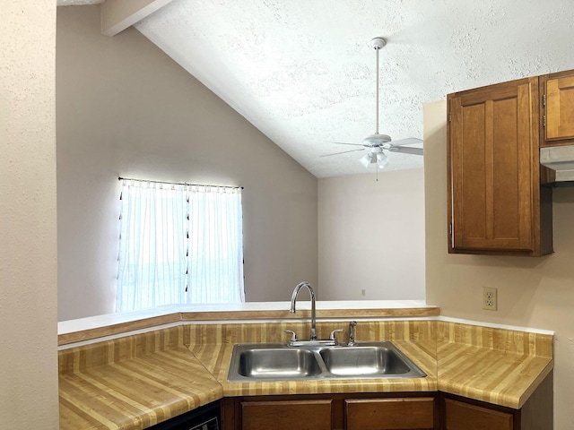 21007 Rivershadows Ln, Spring, TX 77388 - kitchen featuring a sink, a ceiling fan, light countertops, and brown cabinets