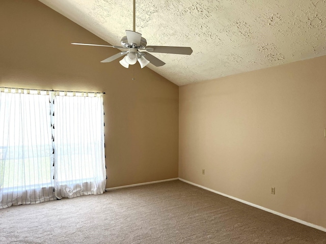 21007 Rivershadows Ln, Spring, TX 77388 - unfurnished room with lofted ceiling, a ceiling fan, a textured ceiling, carpet floors, and baseboards
