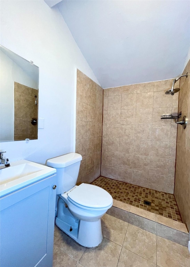 6802 Crestridge St, Houston, TX 77033 - full bathroom featuring vaulted ceiling, a tile shower, vanity, toilet, and tile patterned floors