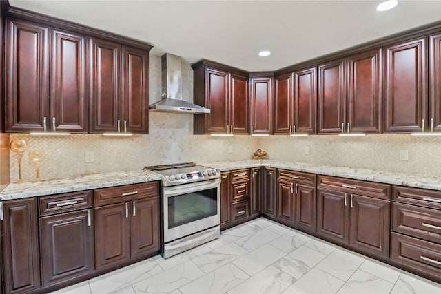 37 N Erik Dr, Angleton, TX 77515 - kitchen featuring wall chimney range hood, stainless steel electric range oven, light marble finish flooring, light stone counters, and recessed lighting