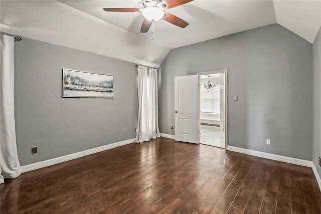 37 N Erik Dr, Angleton, TX 77515 - unfurnished bedroom with lofted ceiling, wood finished floors, a ceiling fan, a chandelier, and ensuite bathroom