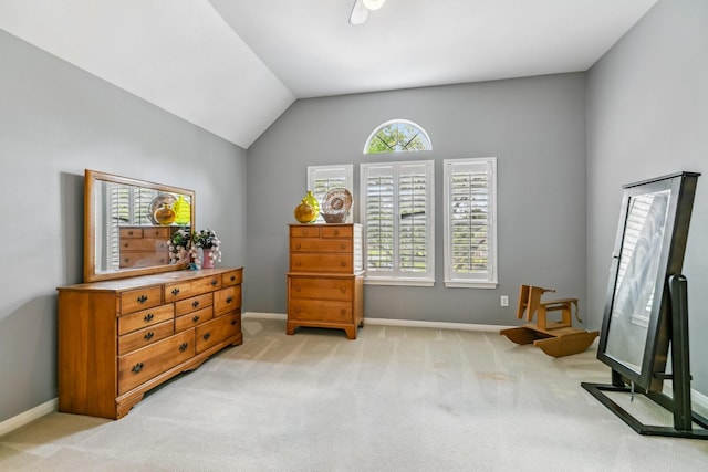 16342 Granite Park Ct, Cypress, TX 77429 - living area featuring baseboards, light colored carpet, and lofted ceiling