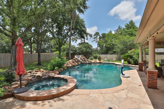 16342 Granite Park Ct, Cypress, TX 77429 - view of pool featuring a fenced backyard, a patio area, and a pool with connected hot tub