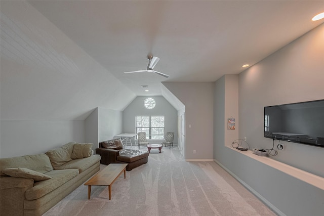 12214 Francel Ln, Cypress, TX 77429 - living area featuring lofted ceiling, light carpet, a ceiling fan, and recessed lighting