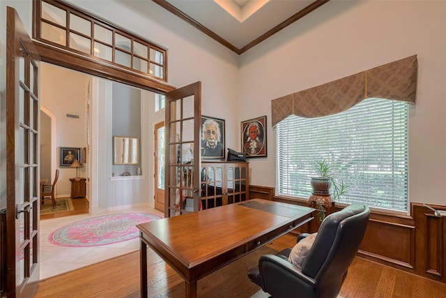 12214 Francel Ln, Cypress, TX 77429 - office space featuring french doors, ornamental molding, a towering ceiling, and a wainscoted wall