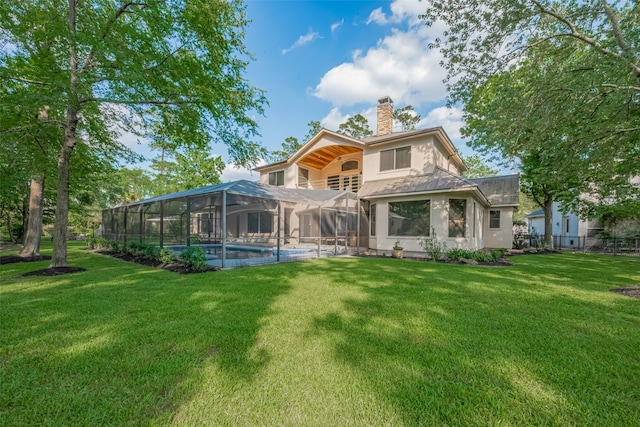 12214 Francel Ln, Cypress, TX 77429 - back of property with a lawn, an outdoor pool, stucco siding, and a chimney