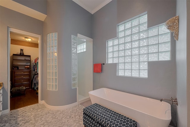 12214 Francel Ln, Cypress, TX 77429 - bathroom featuring a freestanding bath, a walk in closet, and crown molding