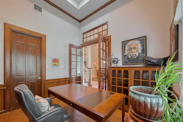 12214 Francel Ln, Cypress, TX 77429 - home office with ornamental molding, a wainscoted wall, and a towering ceiling