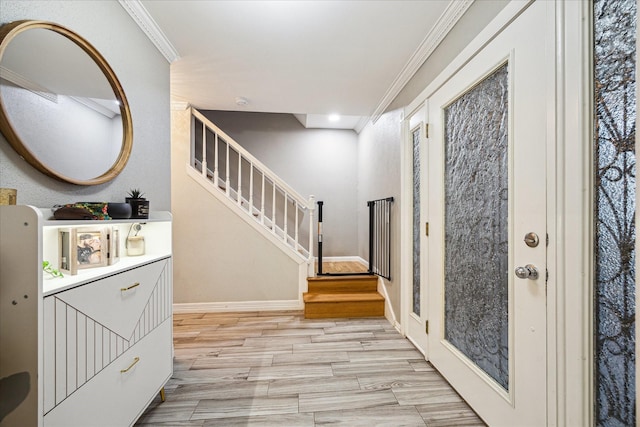 1510 Apple Park Dr, Katy, TX 77450 - entryway with crown molding, stairs, baseboards, light wood-type flooring, and recessed lighting