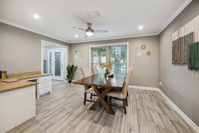 1510 Apple Park Dr, Katy, TX 77450 - dining room with light wood-style floors, a ceiling fan, baseboards, recessed lighting, and crown molding
