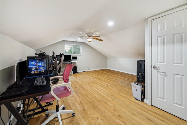 1510 Apple Park Dr, Katy, TX 77450 - office with ceiling fan, light wood-style flooring, lofted ceiling, and baseboards