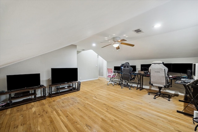 1510 Apple Park Dr, Katy, TX 77450 - office featuring lofted ceiling, wood finished floors, ceiling fan, recessed lighting, and baseboards