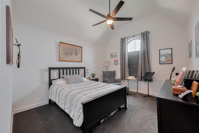 29118 Sage Trace Ct, Fulshear, TX 77441 - bedroom featuring lofted ceiling, dark colored carpet, baseboards, and a ceiling fan