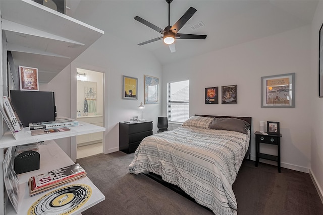 29118 Sage Trace Ct, Fulshear, TX 77441 - carpeted bedroom with vaulted ceiling, connected bathroom, baseboards, and a ceiling fan