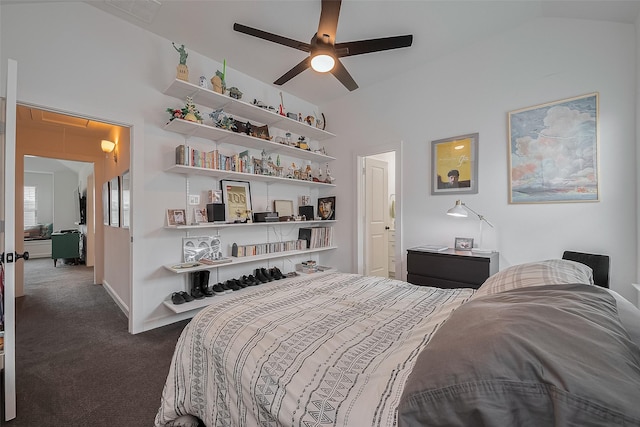 29118 Sage Trace Ct, Fulshear, TX 77441 - bedroom with attic access, dark carpet, vaulted ceiling, and ceiling fan