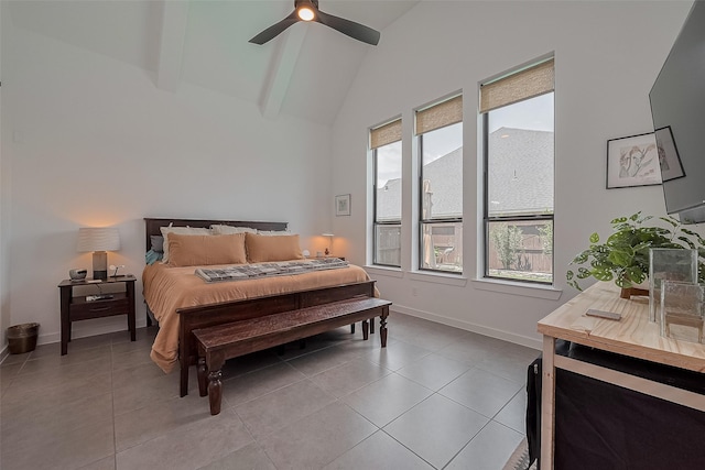 29118 Sage Trace Ct, Fulshear, TX 77441 - bedroom with multiple windows, baseboards, light tile patterned floors, a ceiling fan, and beam ceiling
