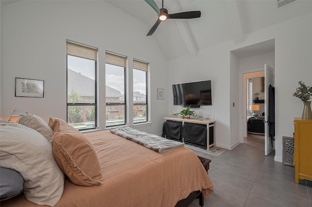 29118 Sage Trace Ct, Fulshear, TX 77441 - bedroom with beamed ceiling, high vaulted ceiling, baseboards, and a ceiling fan
