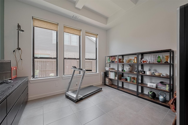 29118 Sage Trace Ct, Fulshear, TX 77441 - exercise room with light tile patterned floors and baseboards