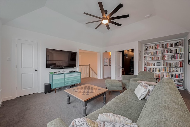 29118 Sage Trace Ct, Fulshear, TX 77441 - carpeted living area featuring ceiling fan and vaulted ceiling