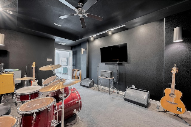 29118 Sage Trace Ct, Fulshear, TX 77441 - rec room featuring carpet, a ceiling fan, a textured wall, and baseboards