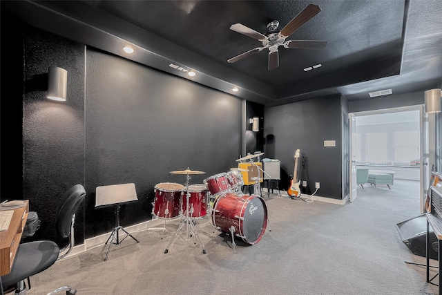 29118 Sage Trace Ct, Fulshear, TX 77441 - misc room featuring carpet, baseboards, a ceiling fan, and a tray ceiling