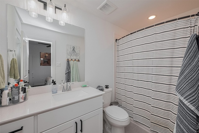29118 Sage Trace Ct, Fulshear, TX 77441 - full bathroom featuring toilet, vanity, recessed lighting, tile patterned floors, and a shower with curtain