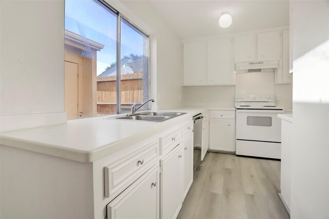 8718 Maplecrest Dr, Houston, TX 77099 - kitchen with under cabinet range hood, a sink, white range with electric cooktop, light countertops, and white cabinets
