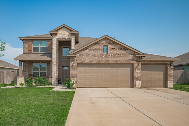 308 Morning Dove Trl, Sealy, TX 77474 - view of front of home with brick siding, concrete driveway, a garage, a shingled roof, and stone siding