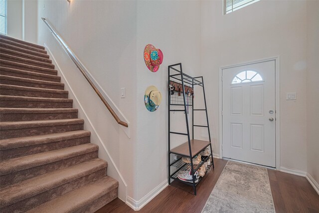 308 Morning Dove Trl, Sealy, TX 77474 - entrance foyer featuring stairway, dark wood-style flooring, baseboards, and a high ceiling