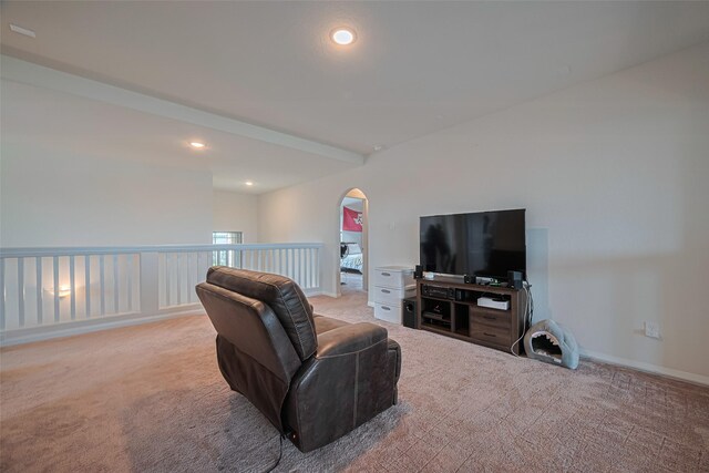 308 Morning Dove Trl, Sealy, TX 77474 - living area featuring light carpet, arched walkways, and recessed lighting