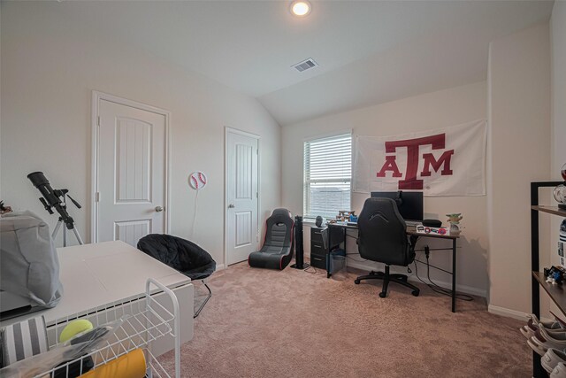 308 Morning Dove Trl, Sealy, TX 77474 - home office with lofted ceiling, carpet floors, baseboards, and recessed lighting