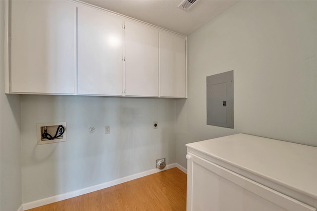 1327 Tiki Dr, Tiki Island, TX 77554 - laundry area with electric panel, cabinet space, electric dryer hookup, baseboards, and light wood finished floors