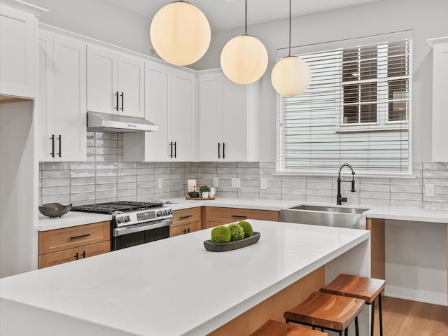 3516 Piney Woods Dr, Houston, TX 77018 - kitchen with gas stove, under cabinet range hood, a sink, light countertops, and tasteful backsplash