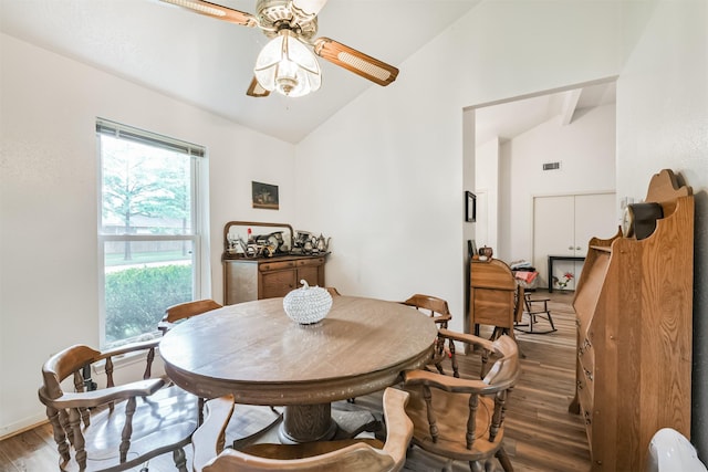 12206 Tawakom Dr, Tomball, TX 77375 - dining area featuring wood finished floors, high vaulted ceiling, and a ceiling fan