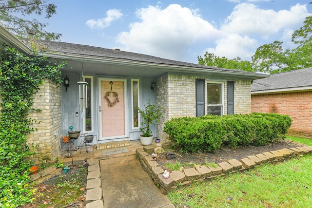 12206 Tawakom Dr, Tomball, TX 77375 - doorway to property featuring brick siding and a shingled roof