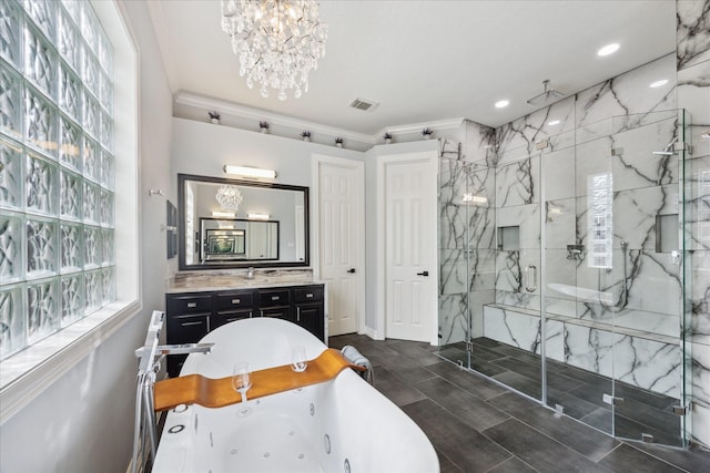 22719 Arbor Stream Dr, Katy, TX 77450 - bathroom with a whirlpool tub, a chandelier, a marble finish shower, vanity, and crown molding