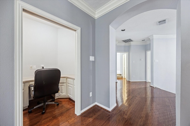 22719 Arbor Stream Dr, Katy, TX 77450 - office space featuring dark wood-style floors, crown molding, arched walkways, and baseboards