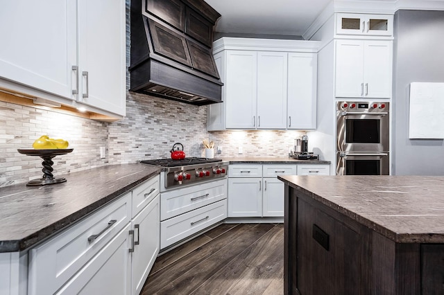 4322 Cannondale Ln, Katy, TX 77450 - kitchen featuring stainless steel appliances, premium range hood, dark wood-style floors, and white cabinets
