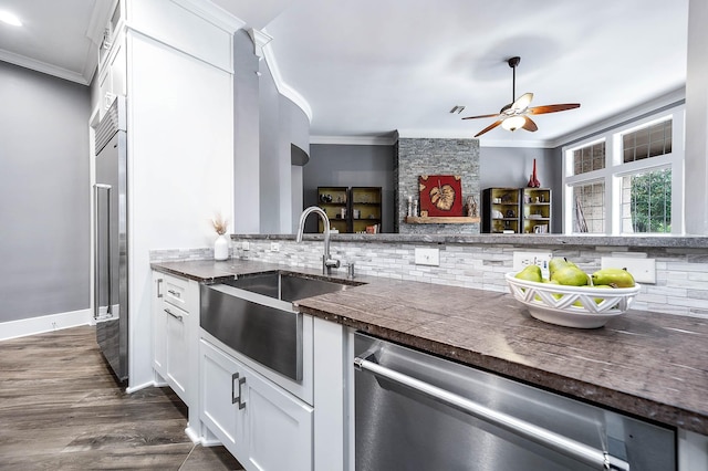 4322 Cannondale Ln, Katy, TX 77450 - kitchen with stainless steel appliances, a sink, dark countertops, ornamental molding, and ceiling fan