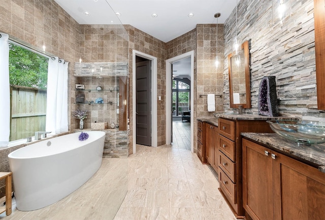 4322 Cannondale Ln, Katy, TX 77450 - full bathroom featuring tile walls, vanity, a freestanding tub, healthy amount of natural light, and a tile shower