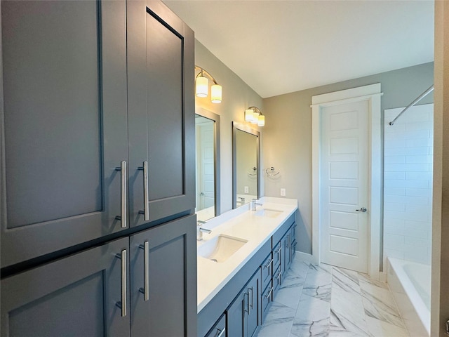 418 Yale Oaks Ln, Houston, TX 77091 - full bathroom with double vanity, bathing tub / shower combination, marble finish flooring, and baseboards