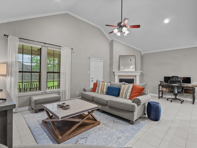 12008 7th St, Santa Fe, TX 77510 - living room featuring vaulted ceiling, light tile patterned floors, an office area, a fireplace, and ceiling fan