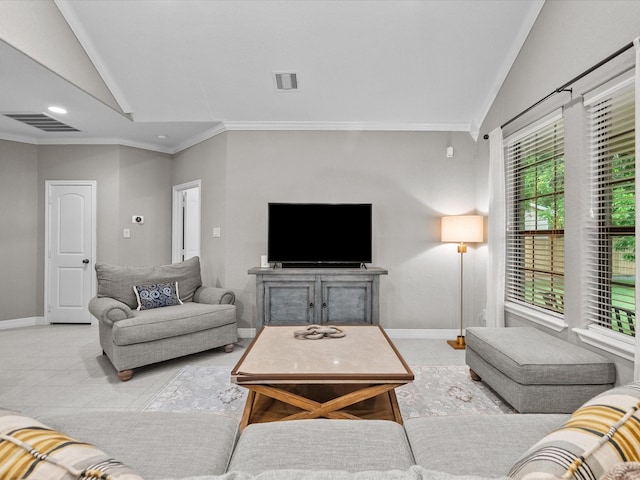 12008 7th St, Santa Fe, TX 77510 - living area with vaulted ceiling, tile patterned floors, baseboards, crown molding, and recessed lighting