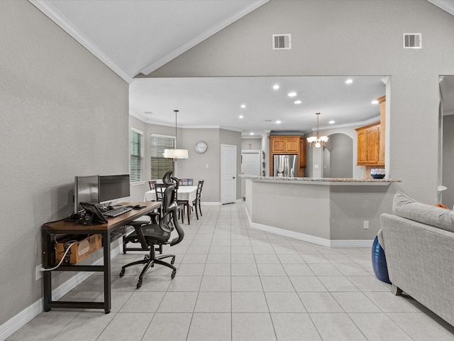 12008 7th St, Santa Fe, TX 77510 - home office with crown molding, recessed lighting, vaulted ceiling, a chandelier, and baseboards