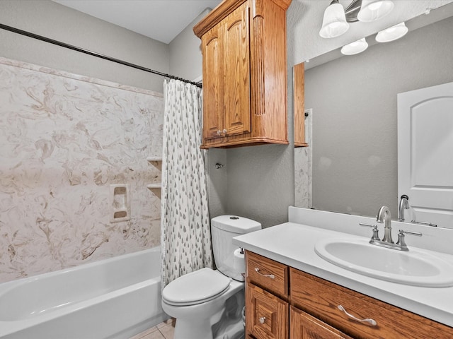 12008 7th St, Santa Fe, TX 77510 - full bathroom featuring vanity, toilet, tile patterned flooring, and shower / tub combo with curtain
