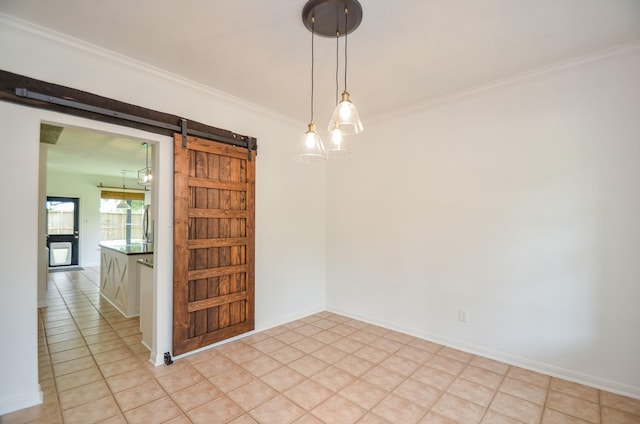 7919 Clarion Way, Houston, TX 77040 - spare room featuring a barn door, ornamental molding, and light tile patterned floors