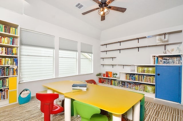 7919 Clarion Way, Houston, TX 77040 - recreation room with a ceiling fan, carpet flooring, and a desk