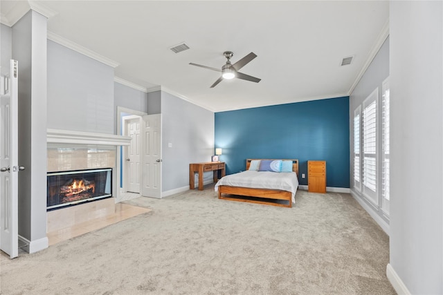 14130 Glasgow Pl, Houston, TX 77077 - bedroom featuring crown molding, carpet flooring, baseboards, a fireplace, and a ceiling fan