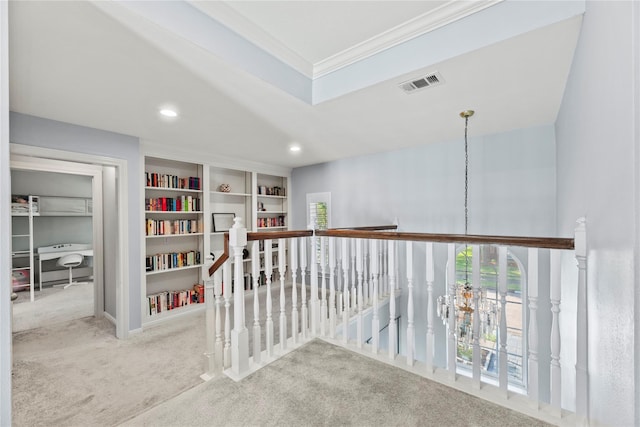 14130 Glasgow Pl, Houston, TX 77077 - hallway with carpet flooring, an upstairs landing, plenty of natural light, ornamental molding, and recessed lighting