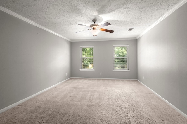 16907 Misty Creek Dr, Spring, TX 77379 - unfurnished room with light colored carpet, a ceiling fan, crown molding, baseboards, and a textured ceiling